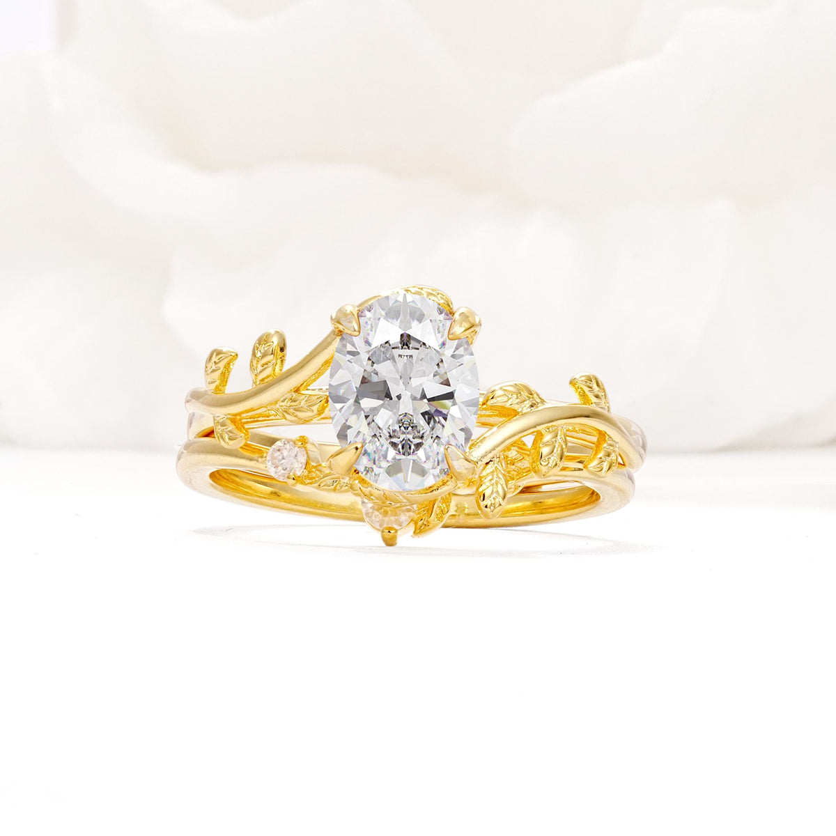 Nature-Inspired Oval Cut Moissanite Engagement Ring Set with Leaf Accents - Yellow-Gold