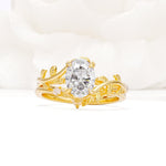 Nature-Inspired Oval Cut Moissanite Engagement Ring Set with Leaf Accents - Yellow-Gold