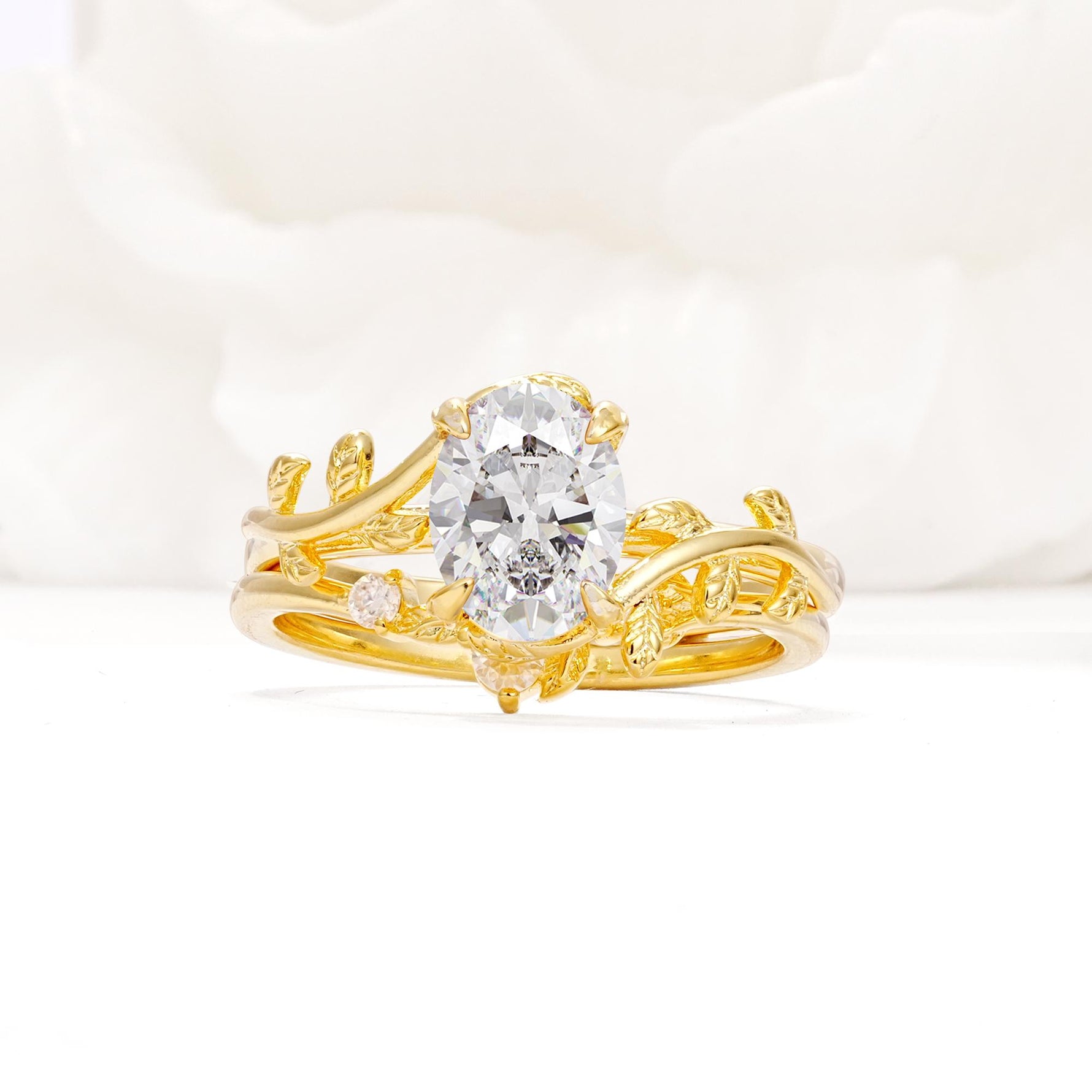 Nature-Inspired Oval Cut Moissanite Engagement Ring Set with Leaf Accents - Yellow-Gold