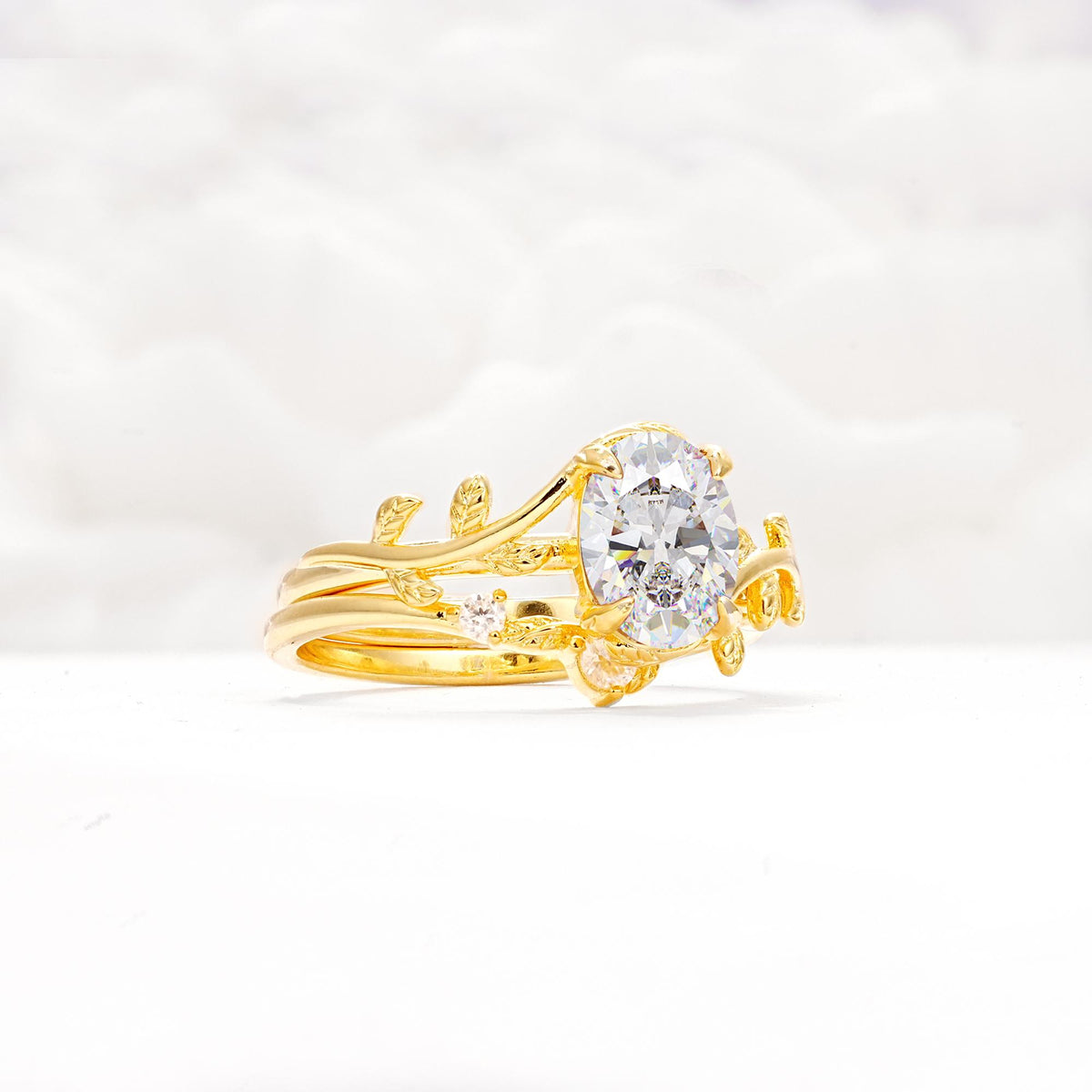 Nature-Inspired Oval Cut Moissanite Engagement Ring Set with Leaf Accents - Rose-Gold