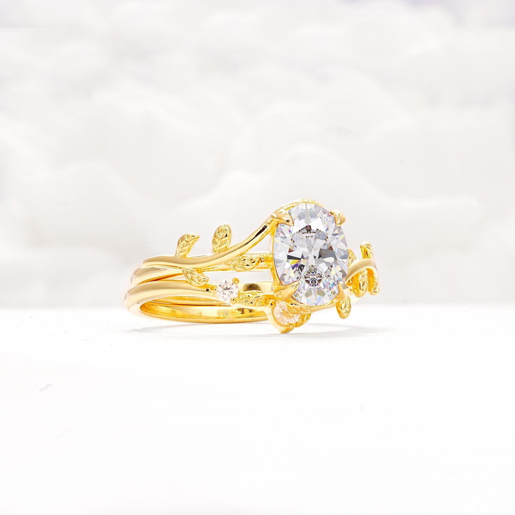 Nature-Inspired Oval Cut Moissanite Engagement Ring Set with Leaf Accents - Rose-Gold