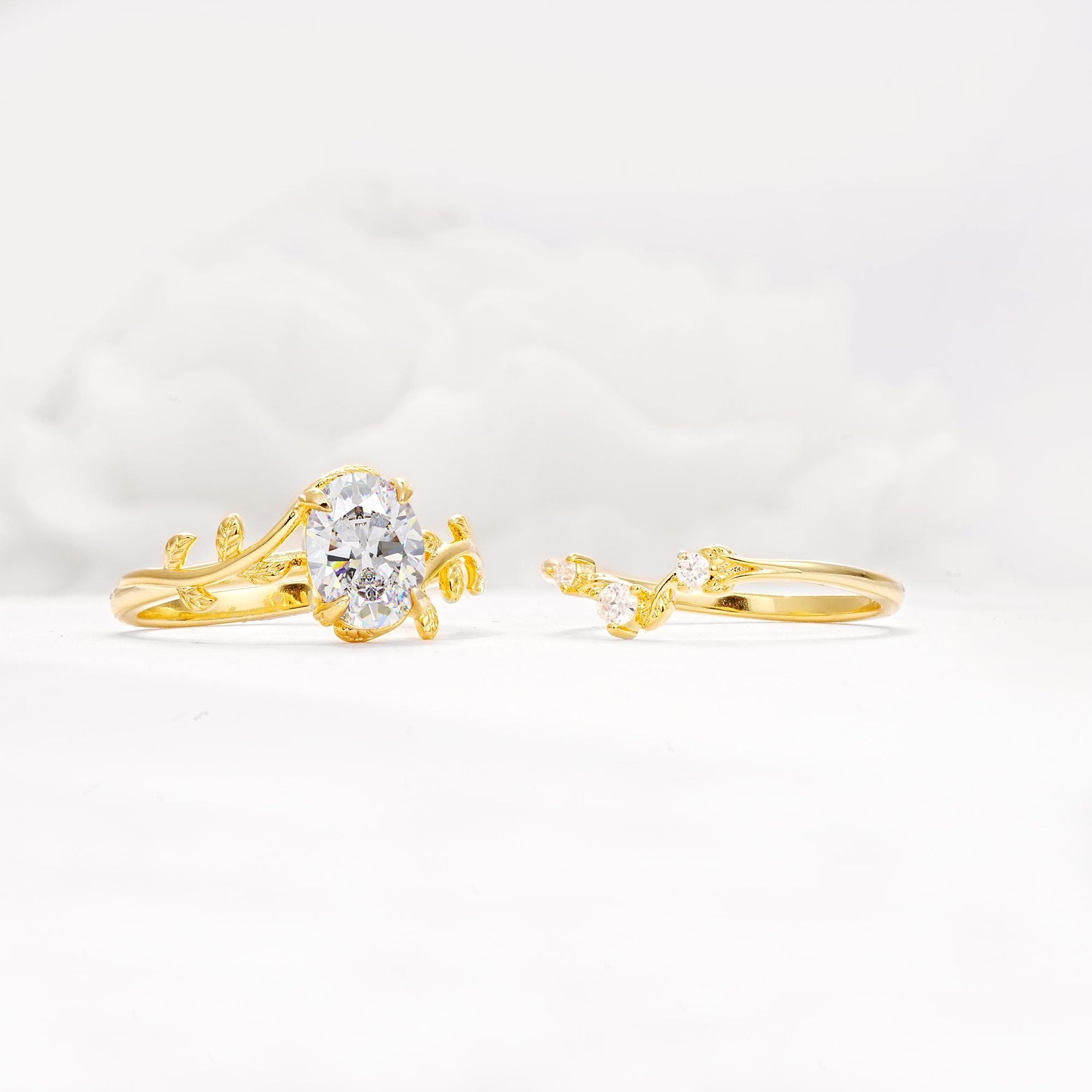 Nature-Inspired Oval Cut Moissanite Engagement Ring Set with Leaf Accents - White-Gold