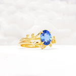 Nature-Inspired Oval Cut Sapphire Engagement Ring Set with Leaf Accents - Rose-Gold