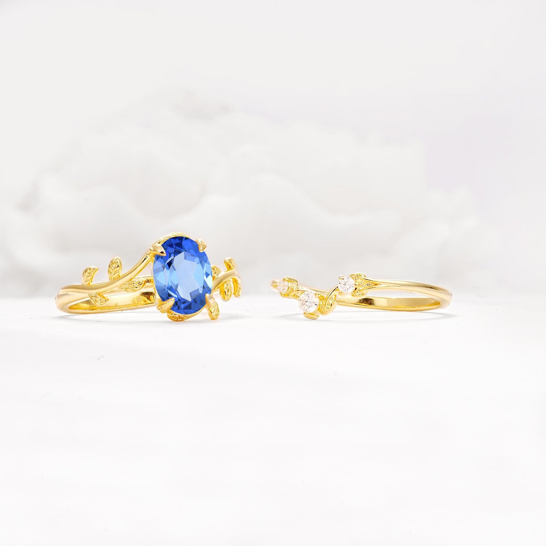 Nature-Inspired Oval Cut Sapphire Engagement Ring Set with Leaf Accents - White-Gold