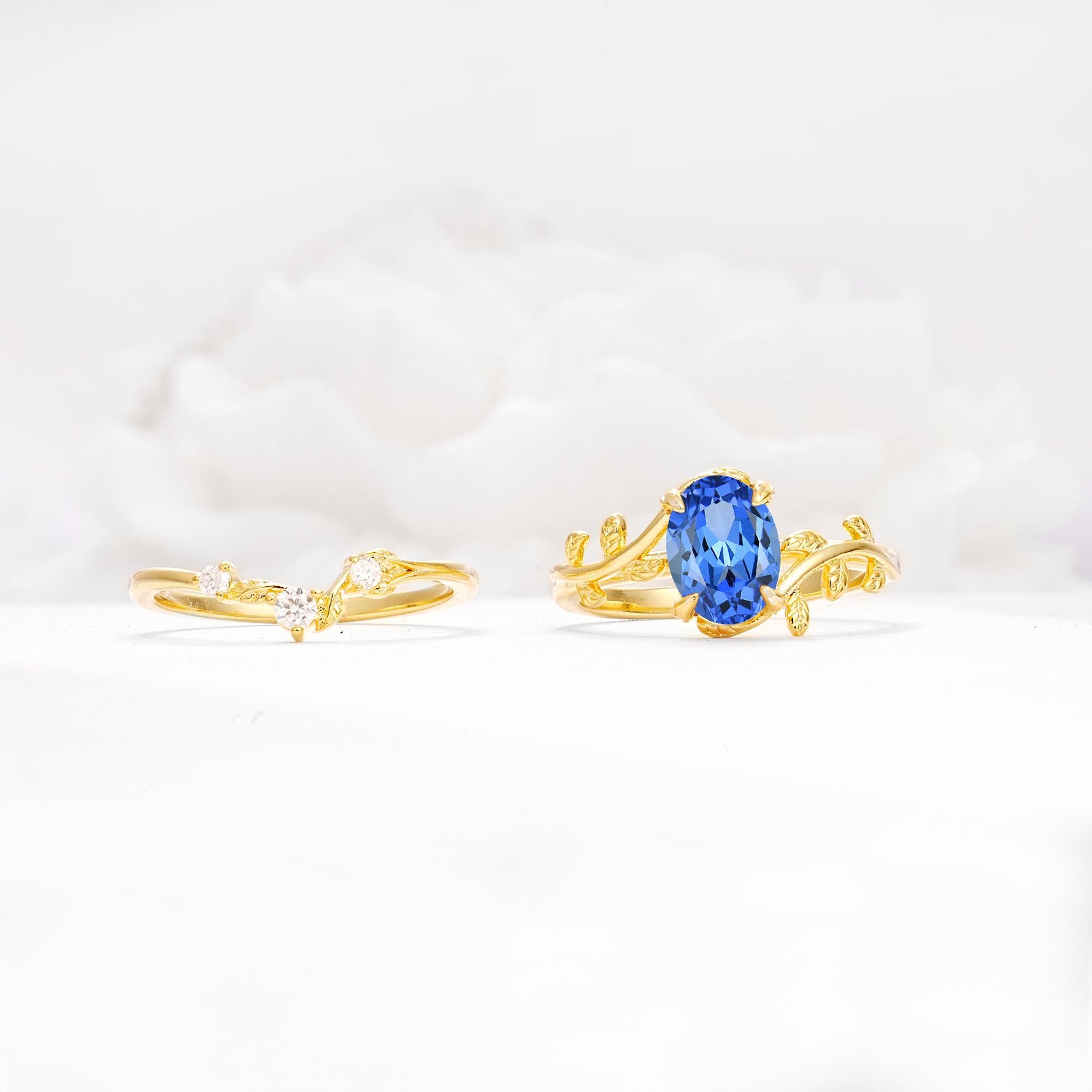 Nature-Inspired Oval Cut Sapphire Engagement Ring Set with Leaf Accents - Additional view