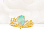 Nature-Inspired Oval Cut Fire Opal Engagement Ring Set with Leaf Accents - Yellow-Gold