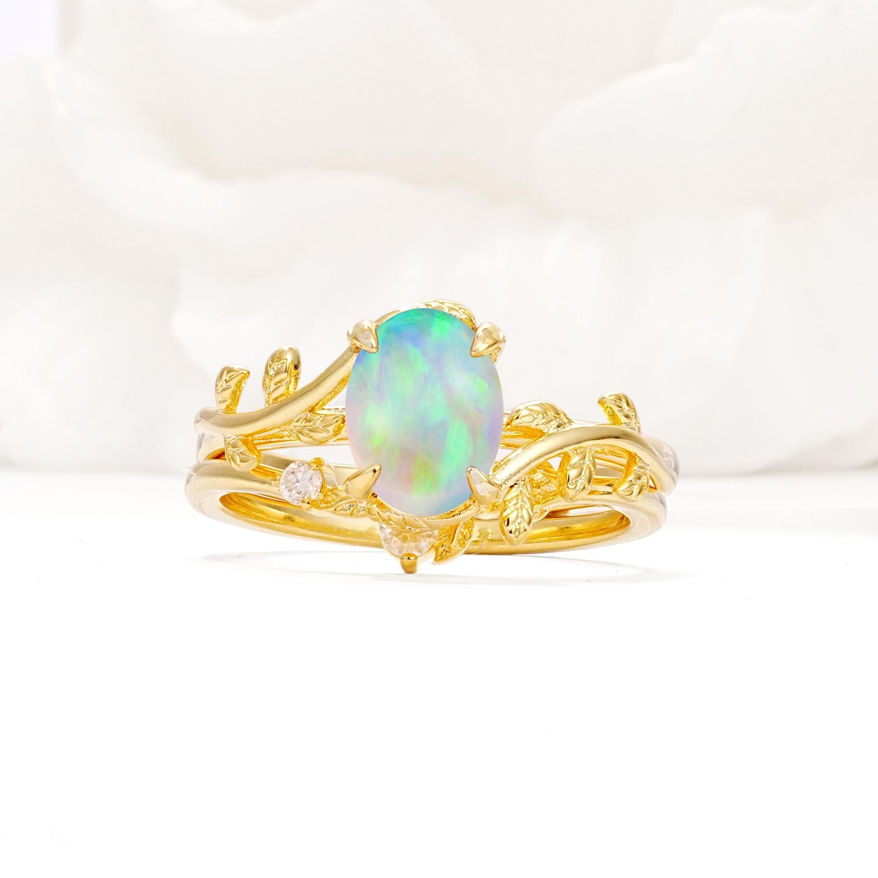 Nature-Inspired Oval Cut Fire Opal Engagement Ring Set with Leaf Accents - Yellow-Gold