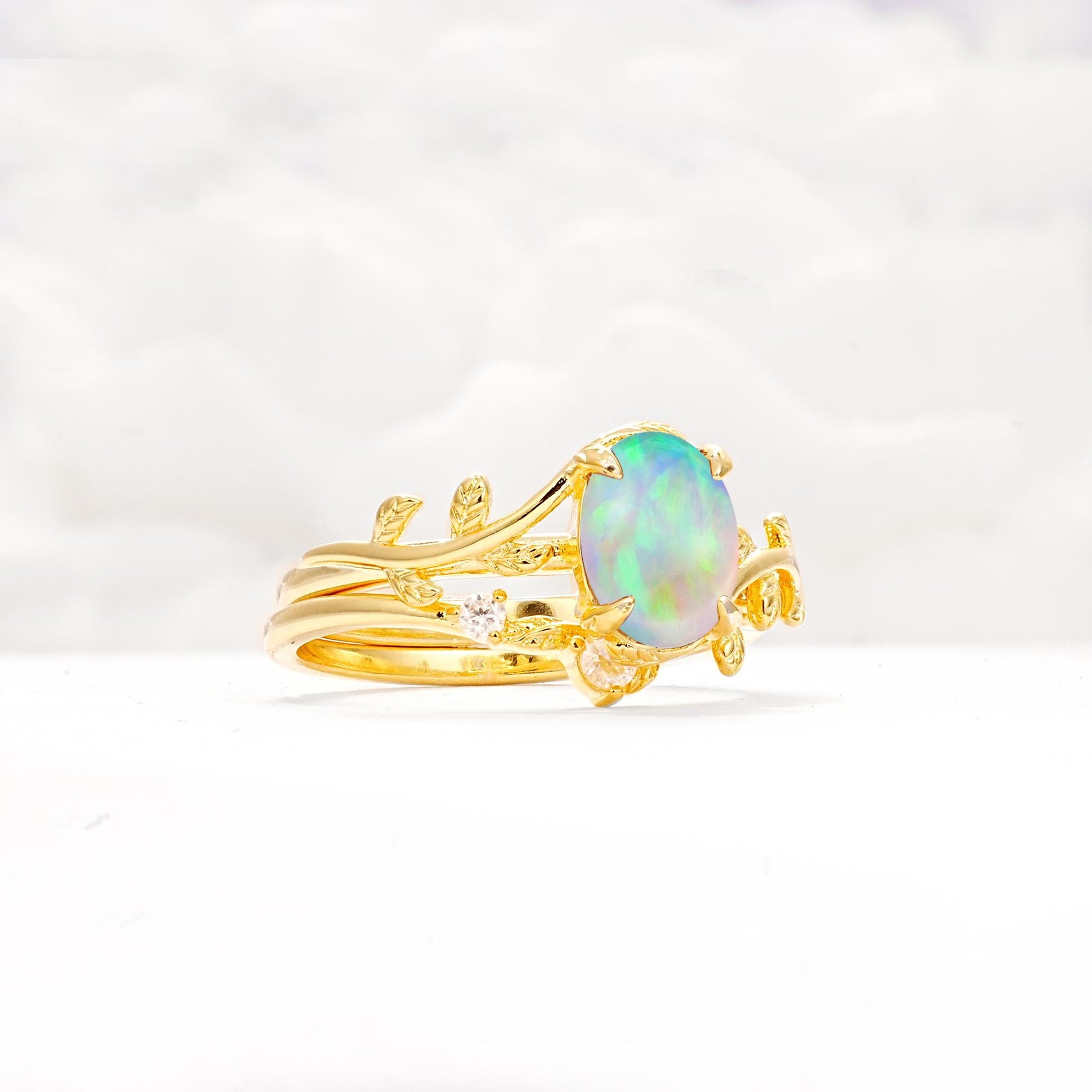 Nature-Inspired Oval Cut Fire Opal Engagement Ring Set with Leaf Accents - Rose-Gold