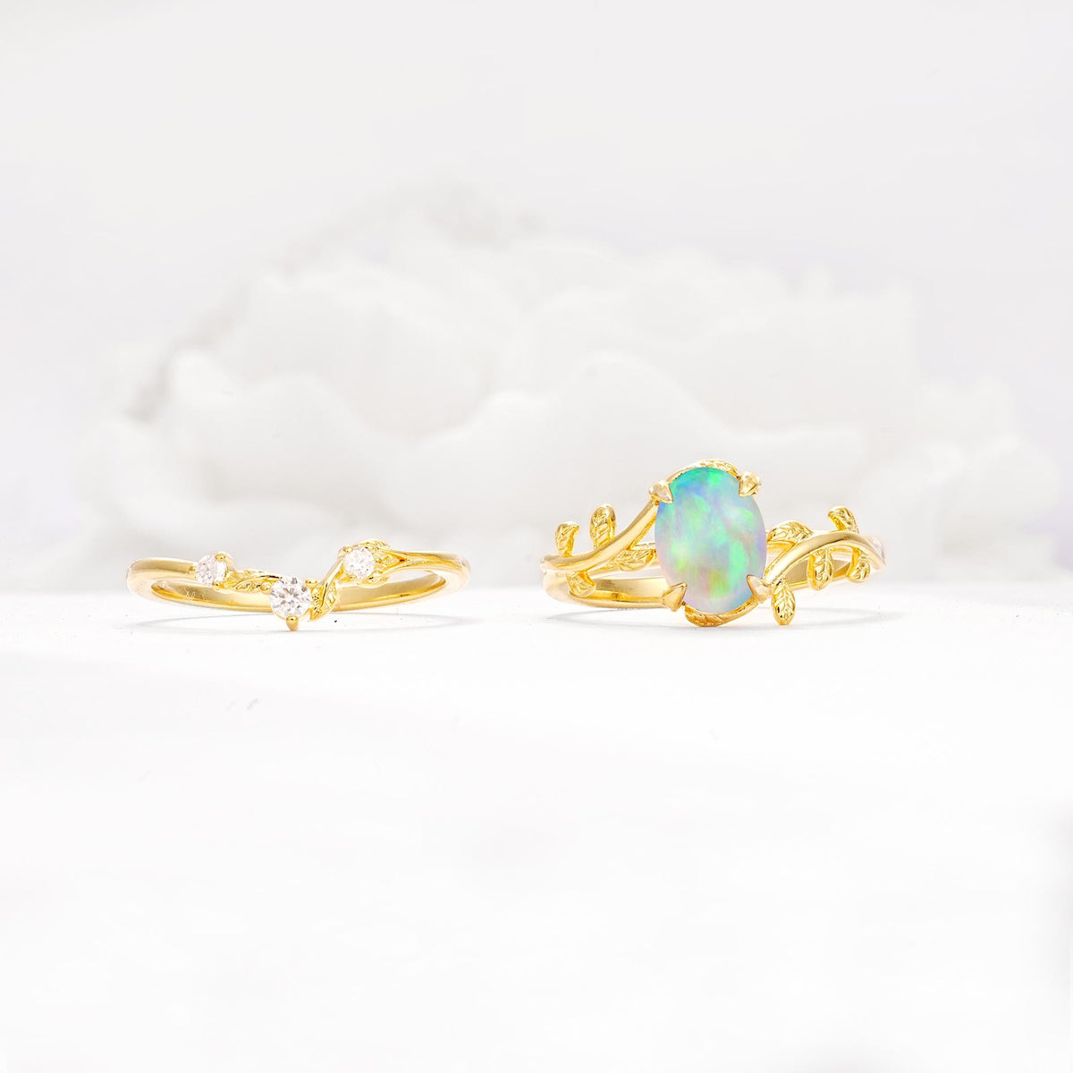 Nature-Inspired Oval Cut Fire Opal Engagement Ring Set with Leaf Accents - Additional view