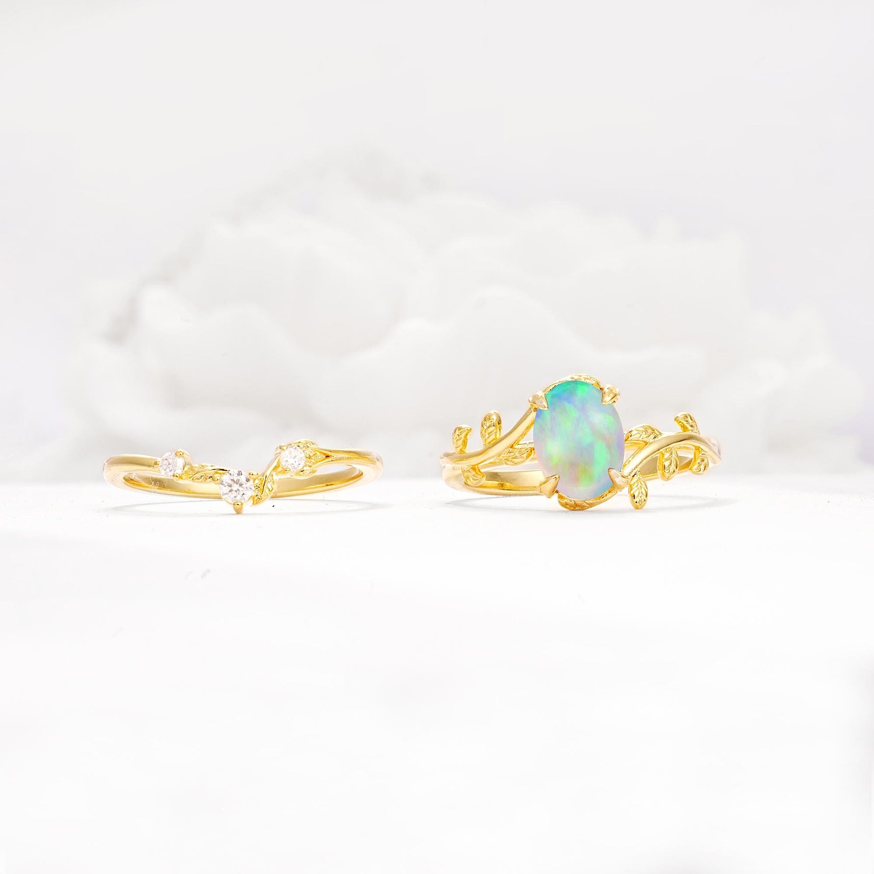 Nature-Inspired Oval Cut Fire Opal Engagement Ring Set with Leaf Accents - Additional view
