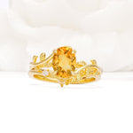 Nature-Inspired Oval Cut Citrine Engagement Ring Set with Leaf Accents - Yellow-Gold