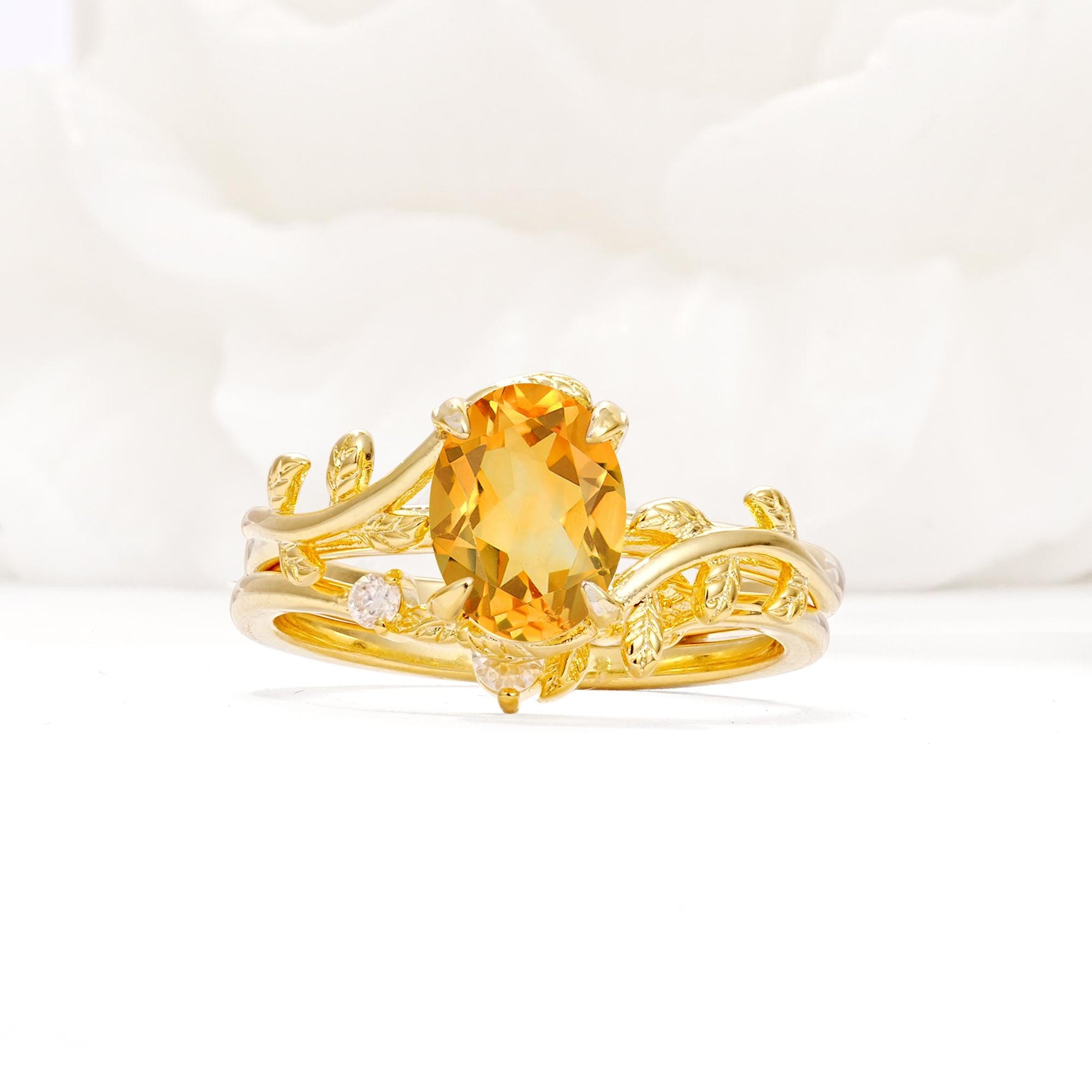 Nature-Inspired Oval Cut Citrine Engagement Ring Set with Leaf Accents - Yellow-Gold