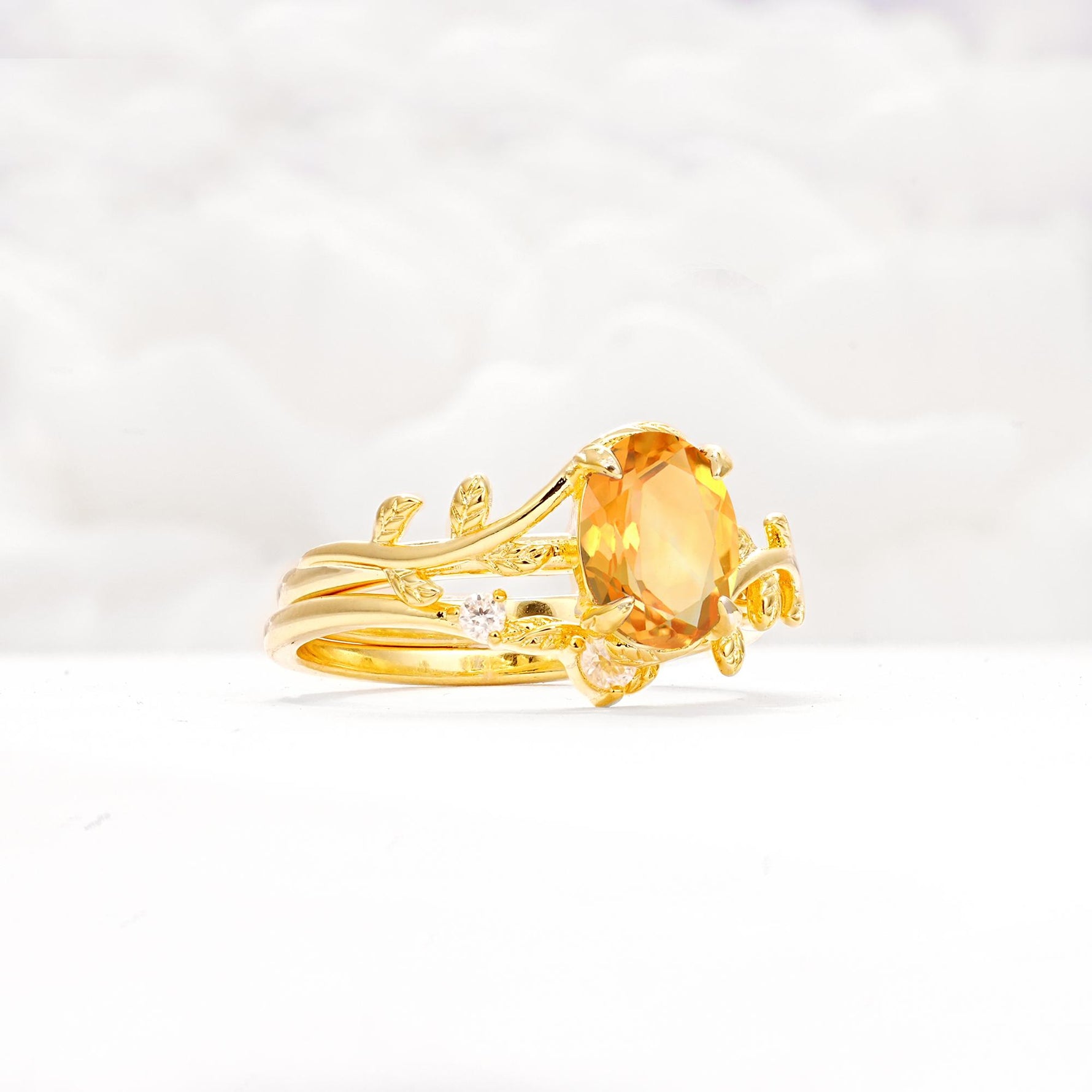 Nature-Inspired Oval Cut Citrine Engagement Ring Set with Leaf Accents - Rose-Gold