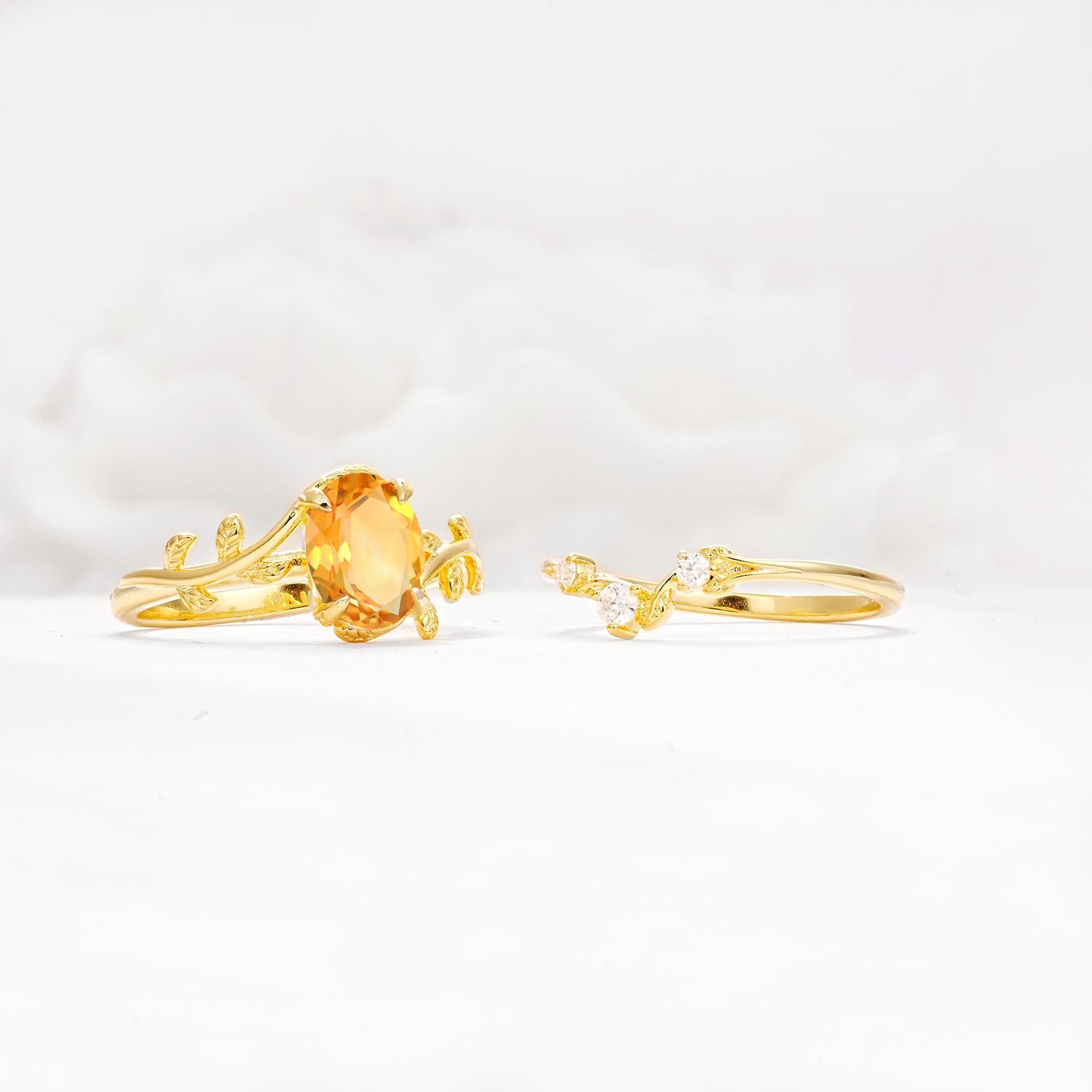 Nature-Inspired Oval Cut Citrine Engagement Ring Set with Leaf Accents - White-Gold