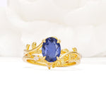 Nature-Inspired Oval Cut Tanzanite Engagement Ring Set with Leaf Accents - Yellow-Gold