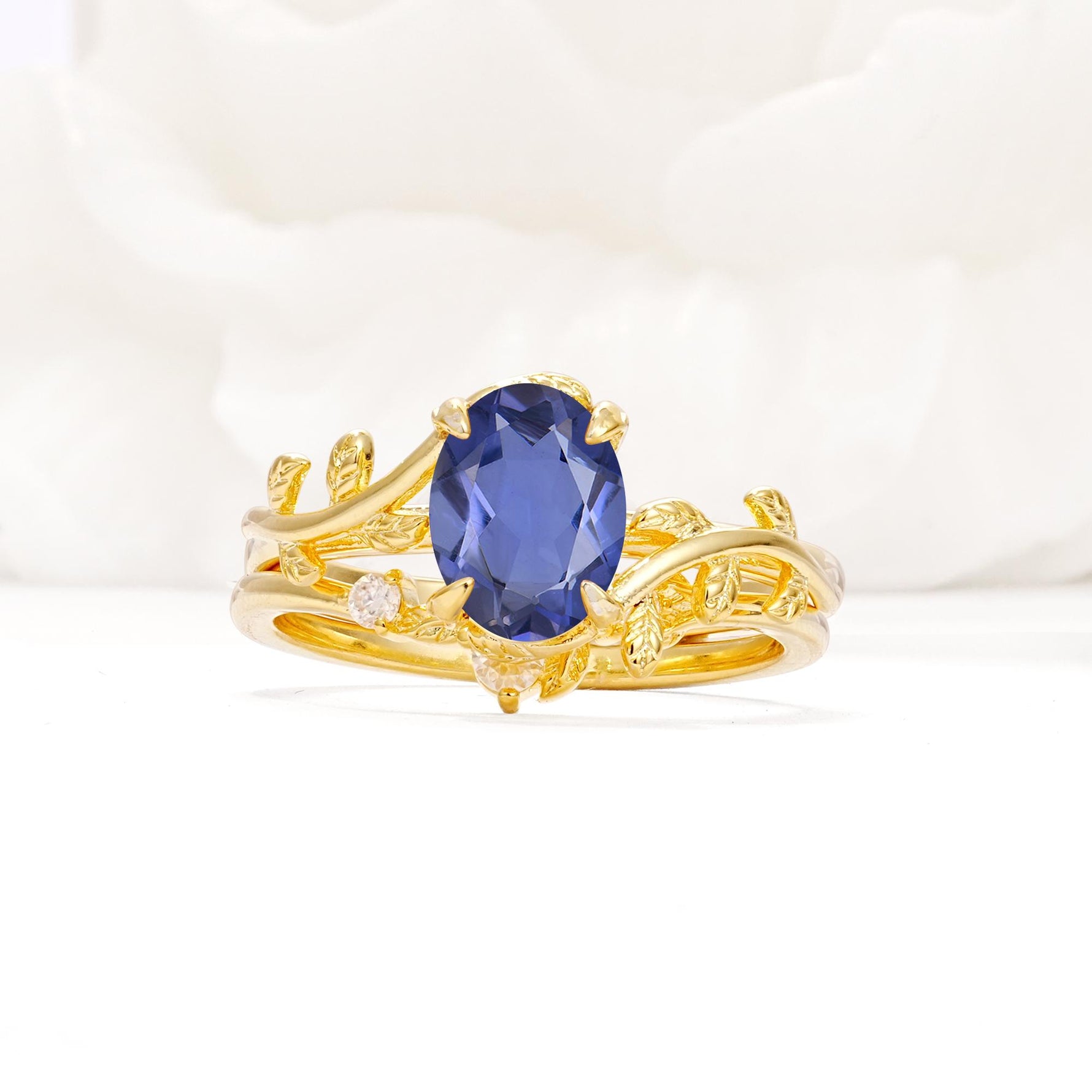 Nature-Inspired Oval Cut Tanzanite Engagement Ring Set with Leaf Accents - Yellow-Gold