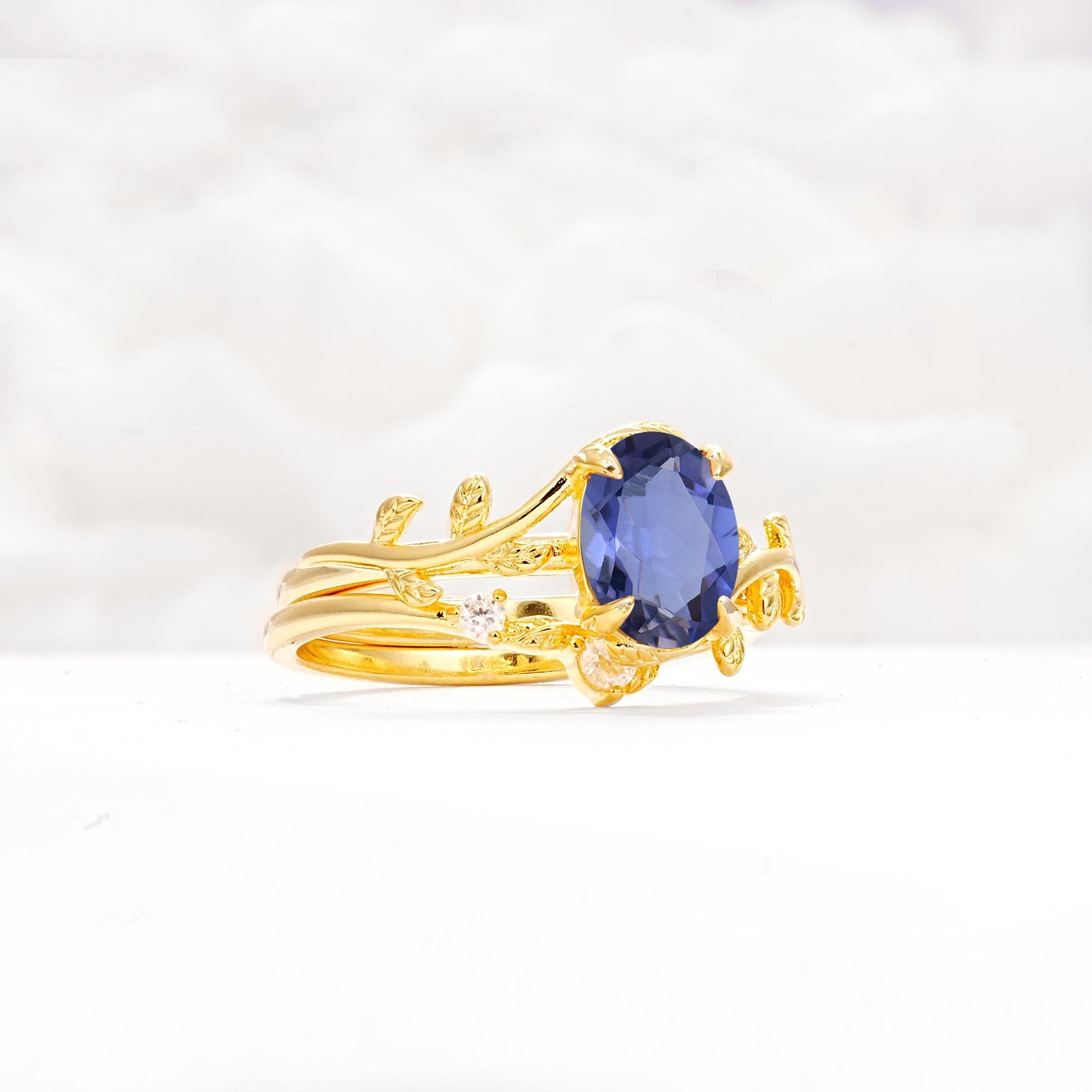 Nature-Inspired Oval Cut Tanzanite Engagement Ring Set with Leaf Accents - Rose-Gold