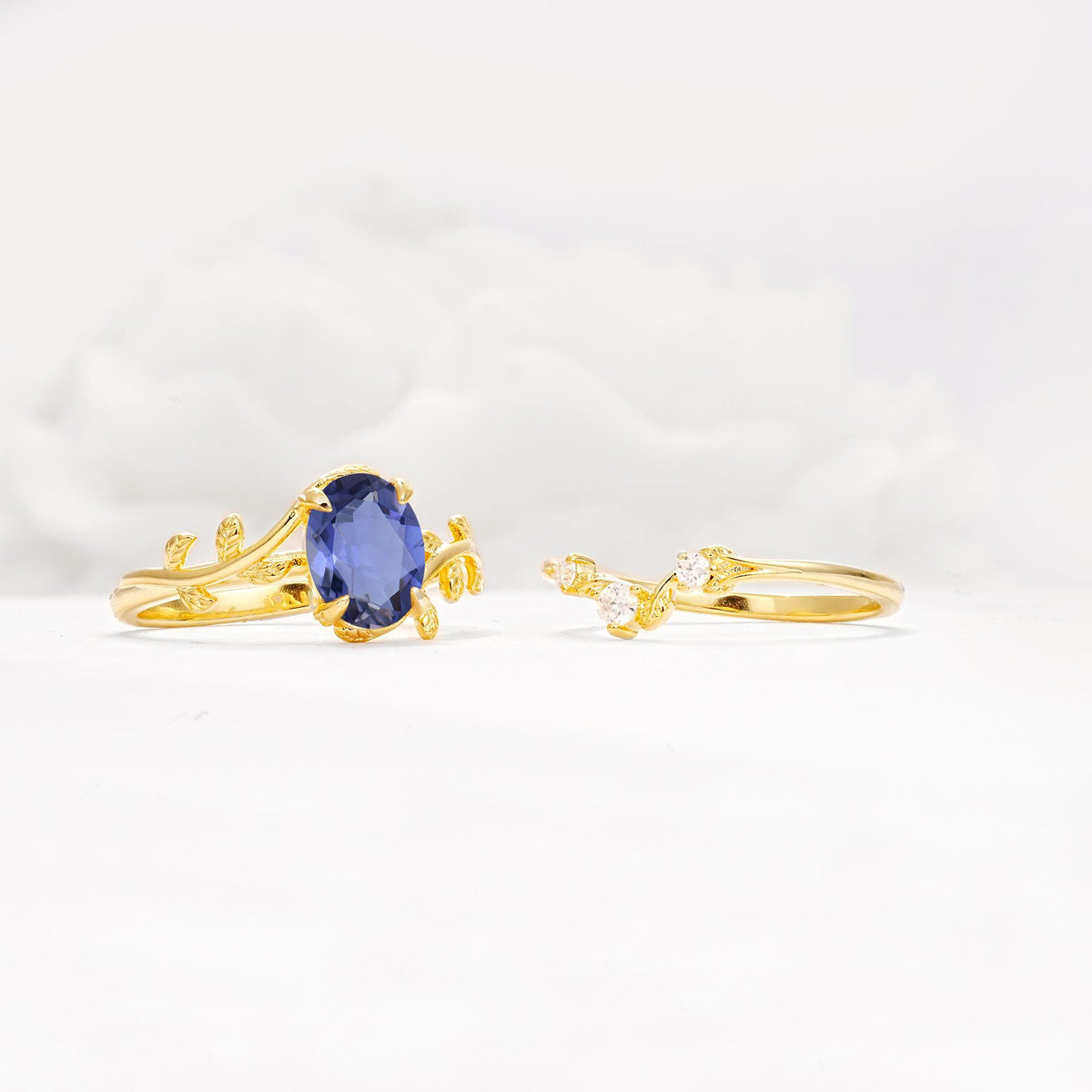 Nature-Inspired Oval Cut Tanzanite Engagement Ring Set with Leaf Accents - White-Gold