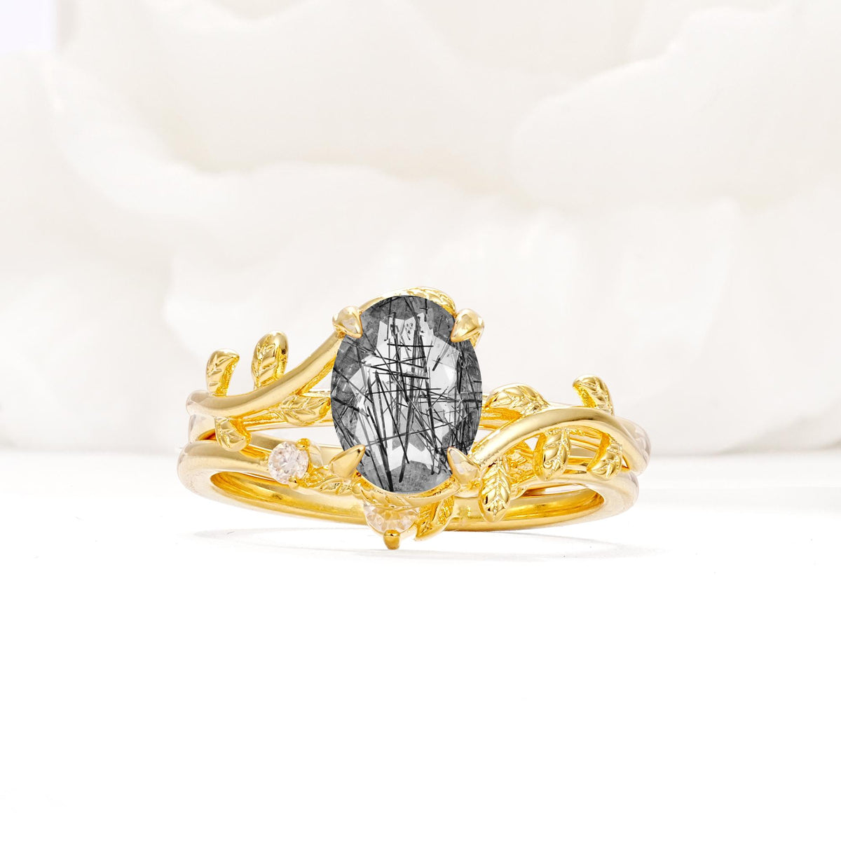 Nature-Inspired Oval Cut Black Rutilated Quartz Engagement Ring Set with Leaf Accents - Yellow-Gold