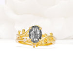 Nature-Inspired Oval Cut Black Rutilated Quartz Engagement Ring Set with Leaf Accents - Yellow-Gold