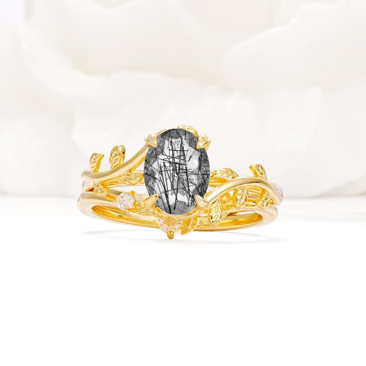 Nature-Inspired Oval Cut Black Rutilated Quartz Engagement Ring Set with Leaf Accents - Yellow-Gold