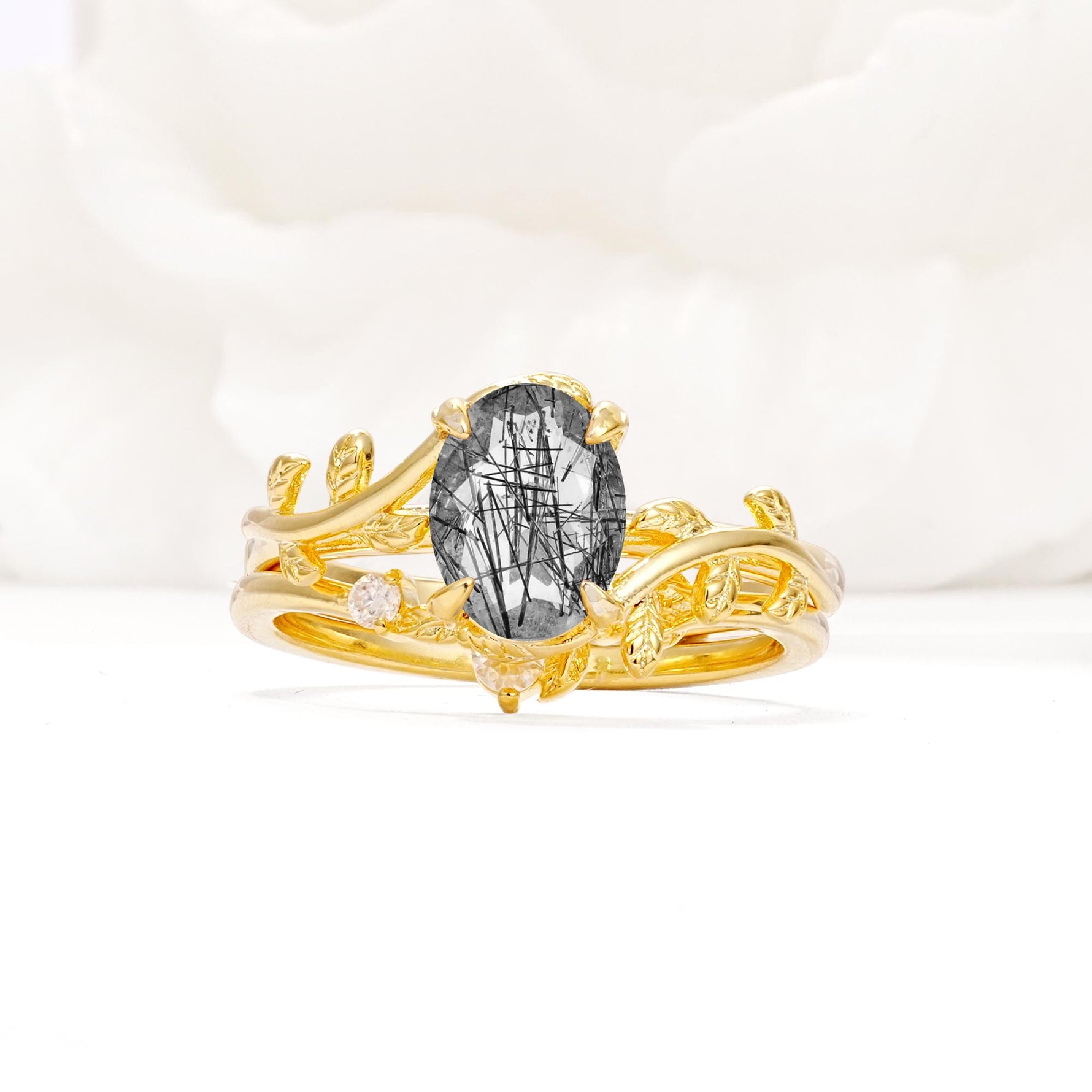 Nature-Inspired Oval Cut Black Rutilated Quartz Engagement Ring Set with Leaf Accents - Yellow-Gold