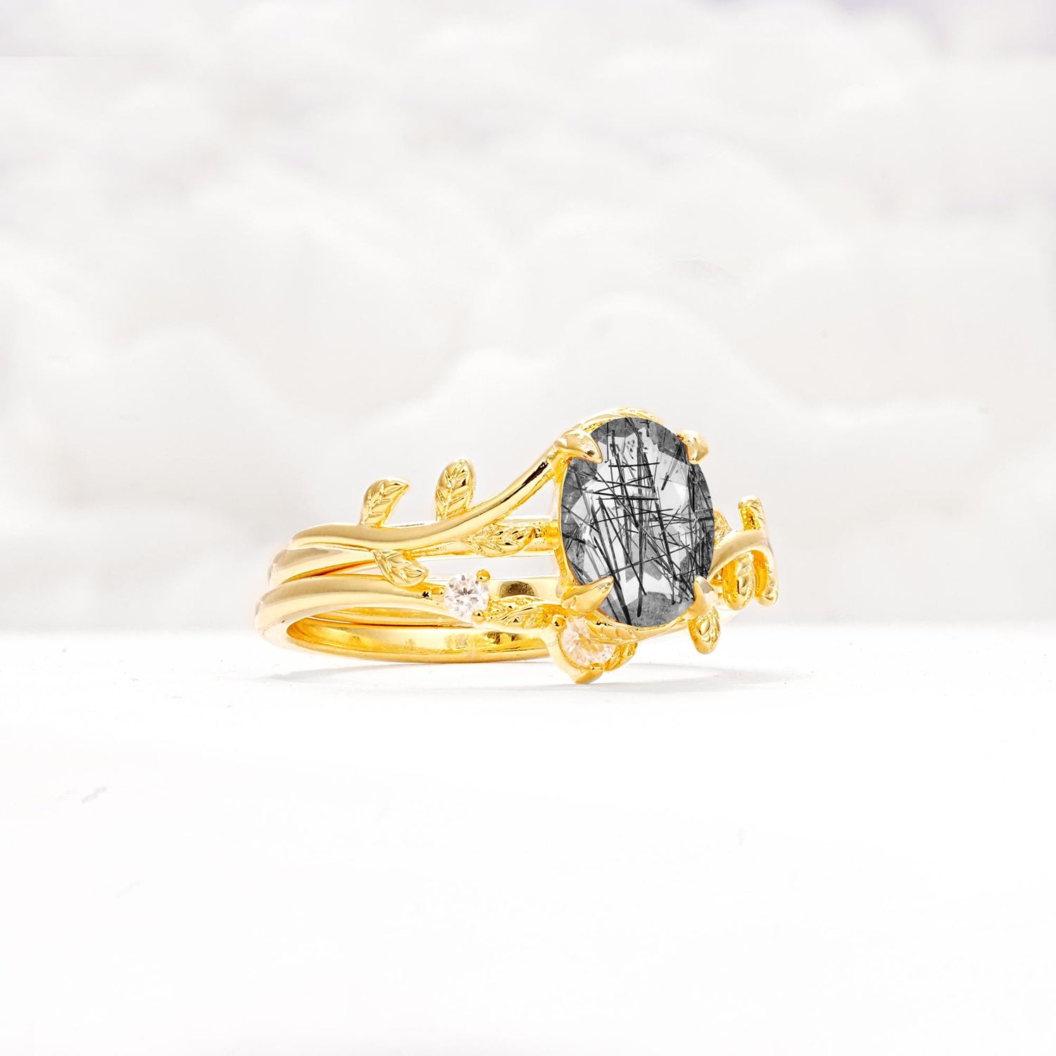 Nature-Inspired Oval Cut Black Rutilated Quartz Engagement Ring Set with Leaf Accents - Rose-Gold