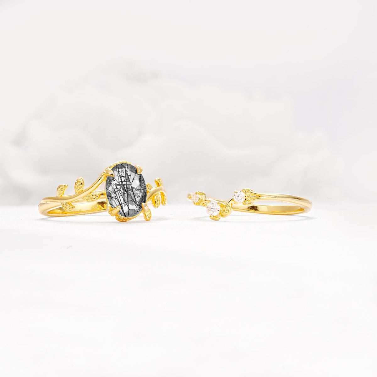 Nature-Inspired Oval Cut Black Rutilated Quartz Engagement Ring Set with Leaf Accents - White-Gold