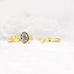 Nature-Inspired Oval Cut Black Rutilated Quartz Engagement Ring Set with Leaf Accents - White-Gold
