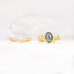 Nature-Inspired Oval Cut Black Rutilated Quartz Engagement Ring Set with Leaf Accents - Additional view