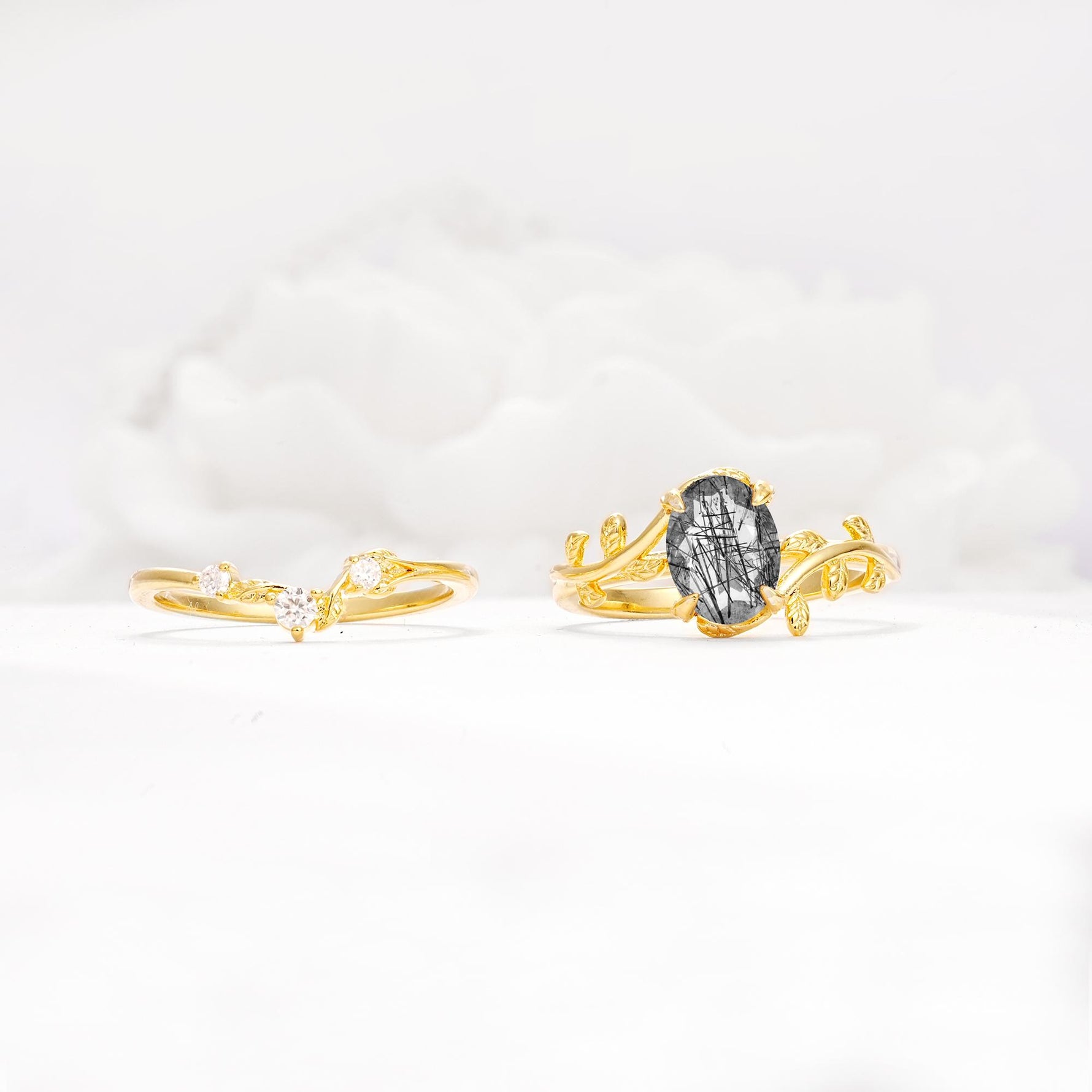 Nature-Inspired Oval Cut Black Rutilated Quartz Engagement Ring Set with Leaf Accents - Additional view