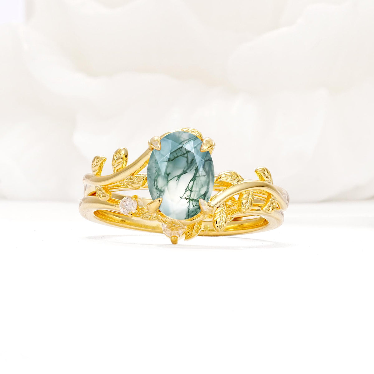 Nature-Inspired Oval Cut Moss Agate Engagement Ring Set with Leaf Accents - Yellow-Gold