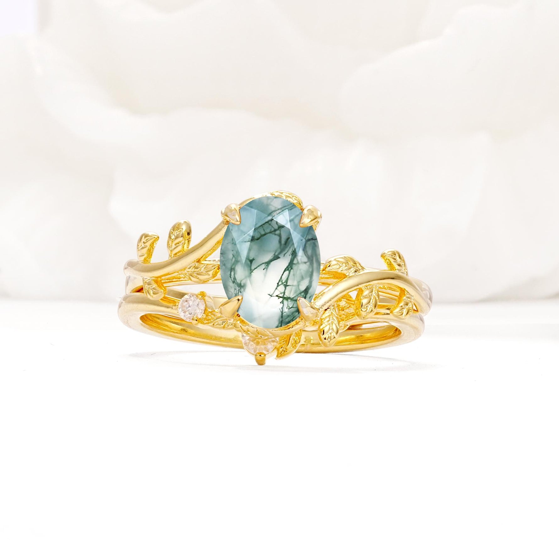 Nature-Inspired Oval Cut Moss Agate Engagement Ring Set with Leaf Accents - Yellow-Gold