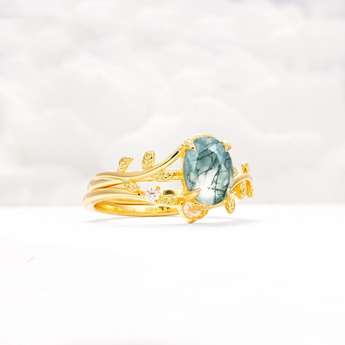 Nature-Inspired Oval Cut Moss Agate Engagement Ring Set with Leaf Accents - Rose-Gold