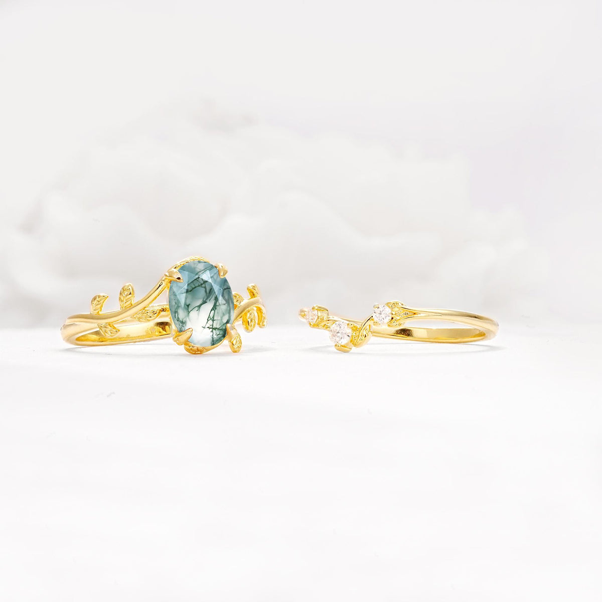 Nature-Inspired Oval Cut Moss Agate Engagement Ring Set with Leaf Accents - White-Gold