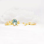 Nature-Inspired Oval Cut Moss Agate Engagement Ring Set with Leaf Accents - White-Gold