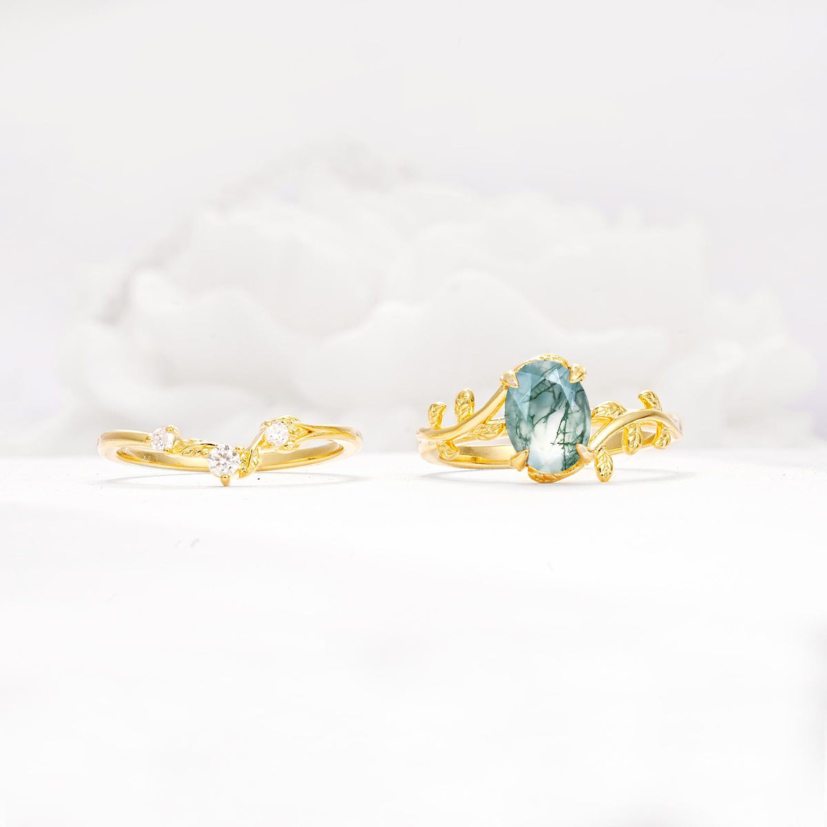 Nature-Inspired Oval Cut Moss Agate Engagement Ring Set with Leaf Accents - Additional view