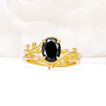 Nature-Inspired Oval Cut Black Onyx Engagement Ring Set with Leaf Accents - Yellow-Gold