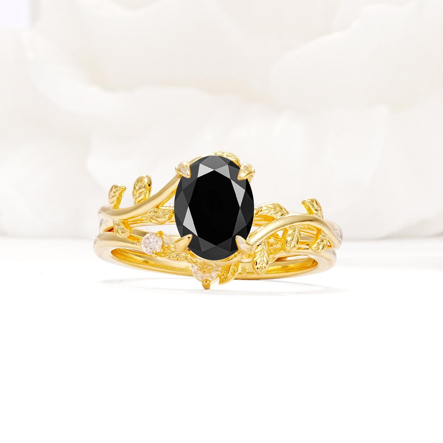 Nature-Inspired Oval Cut Black Onyx Engagement Ring Set with Leaf Accents - Yellow-Gold