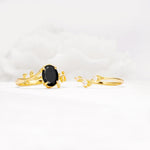 Nature-Inspired Oval Cut Black Onyx Engagement Ring Set with Leaf Accents - White-Gold