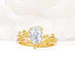 Nature-Inspired Oval Cut Lab Diamond Engagement Ring Set with Leaf Accents - Yellow-Gold