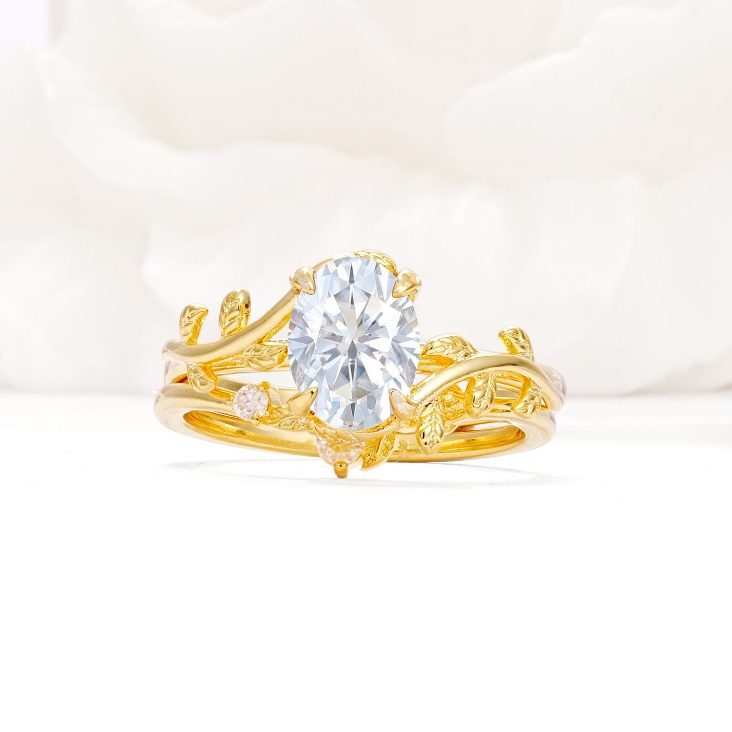 Nature-Inspired Oval Cut Lab Diamond Engagement Ring Set with Leaf Accents - Yellow-Gold