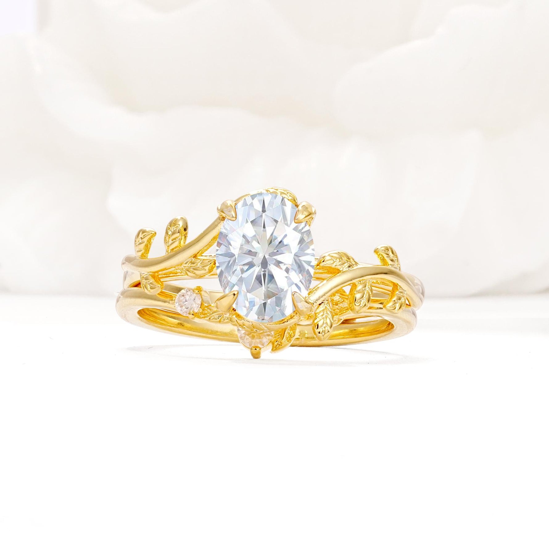 Nature-Inspired Oval Cut Lab Diamond Engagement Ring Set with Leaf Accents - Yellow-Gold