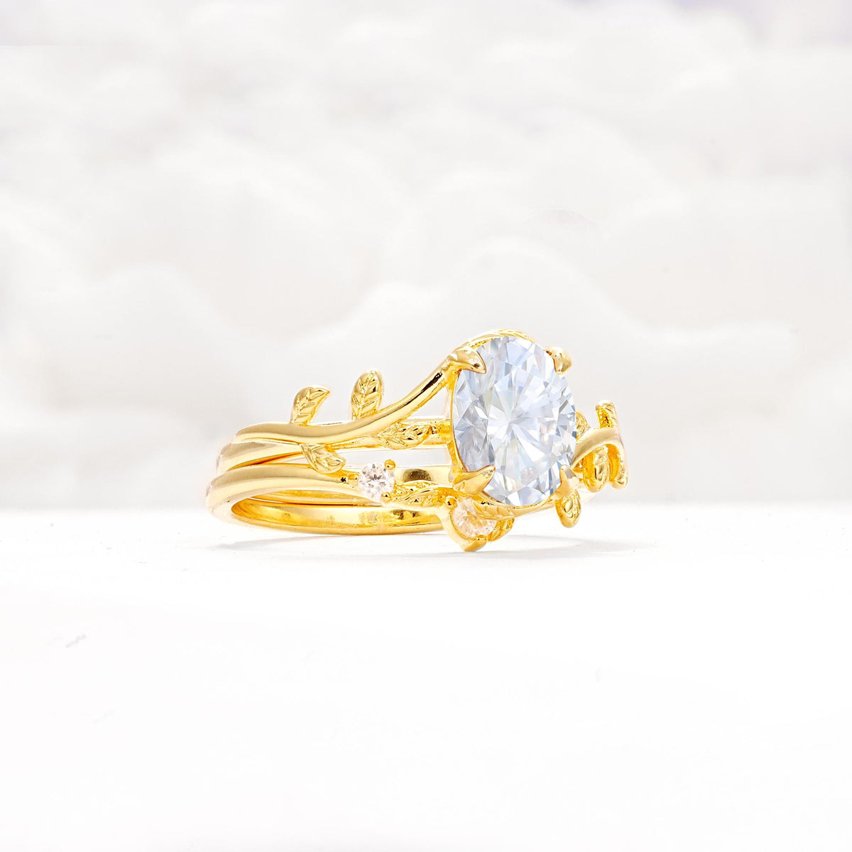 Nature-Inspired Oval Cut Lab Diamond Engagement Ring Set with Leaf Accents - Rose-Gold