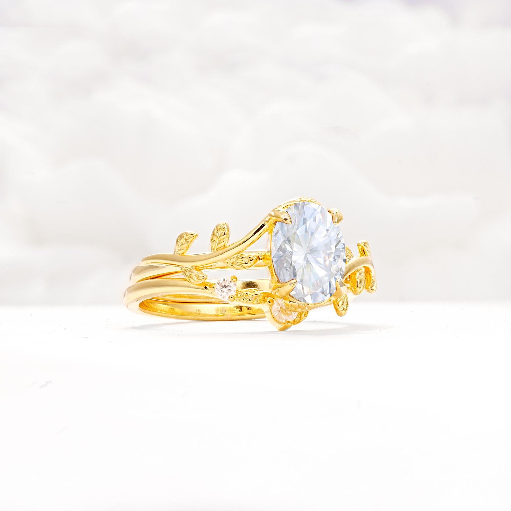 Nature-Inspired Oval Cut Lab Diamond Engagement Ring Set with Leaf Accents - Rose-Gold