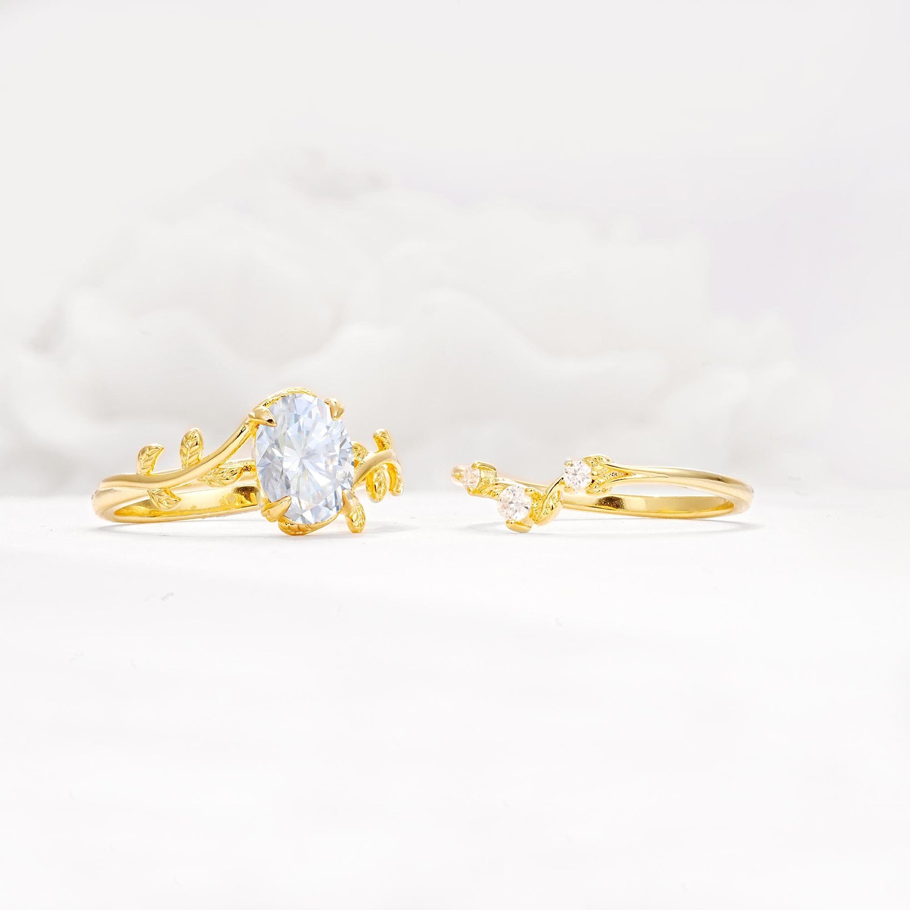 Nature-Inspired Oval Cut Lab Diamond Engagement Ring Set with Leaf Accents - White-Gold