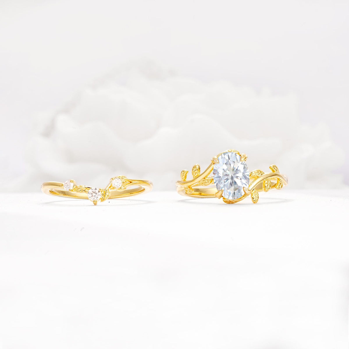 Nature-Inspired Oval Cut Lab Diamond Engagement Ring Set with Leaf Accents - Additional view