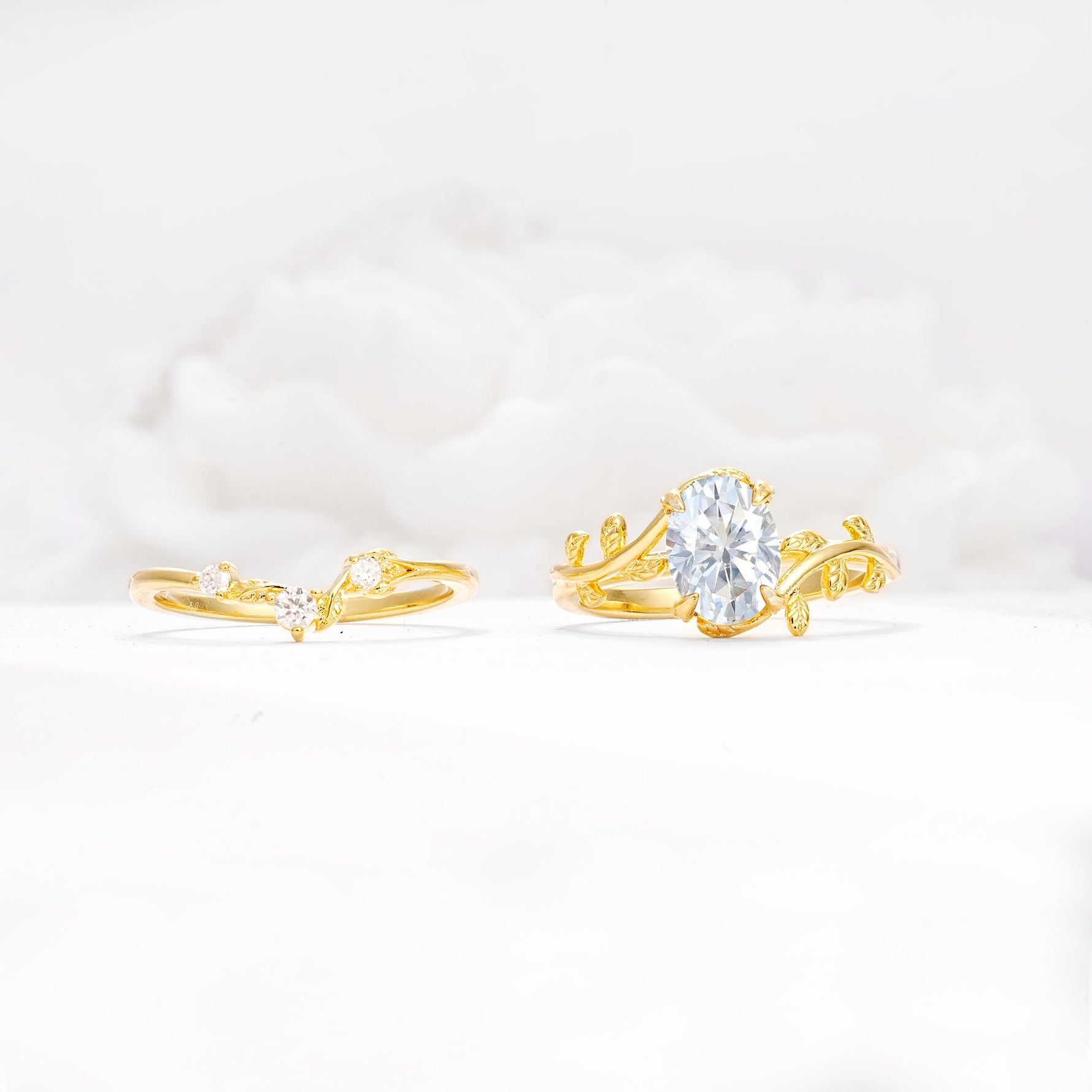 Nature-Inspired Oval Cut Lab Diamond Engagement Ring Set with Leaf Accents - Additional view