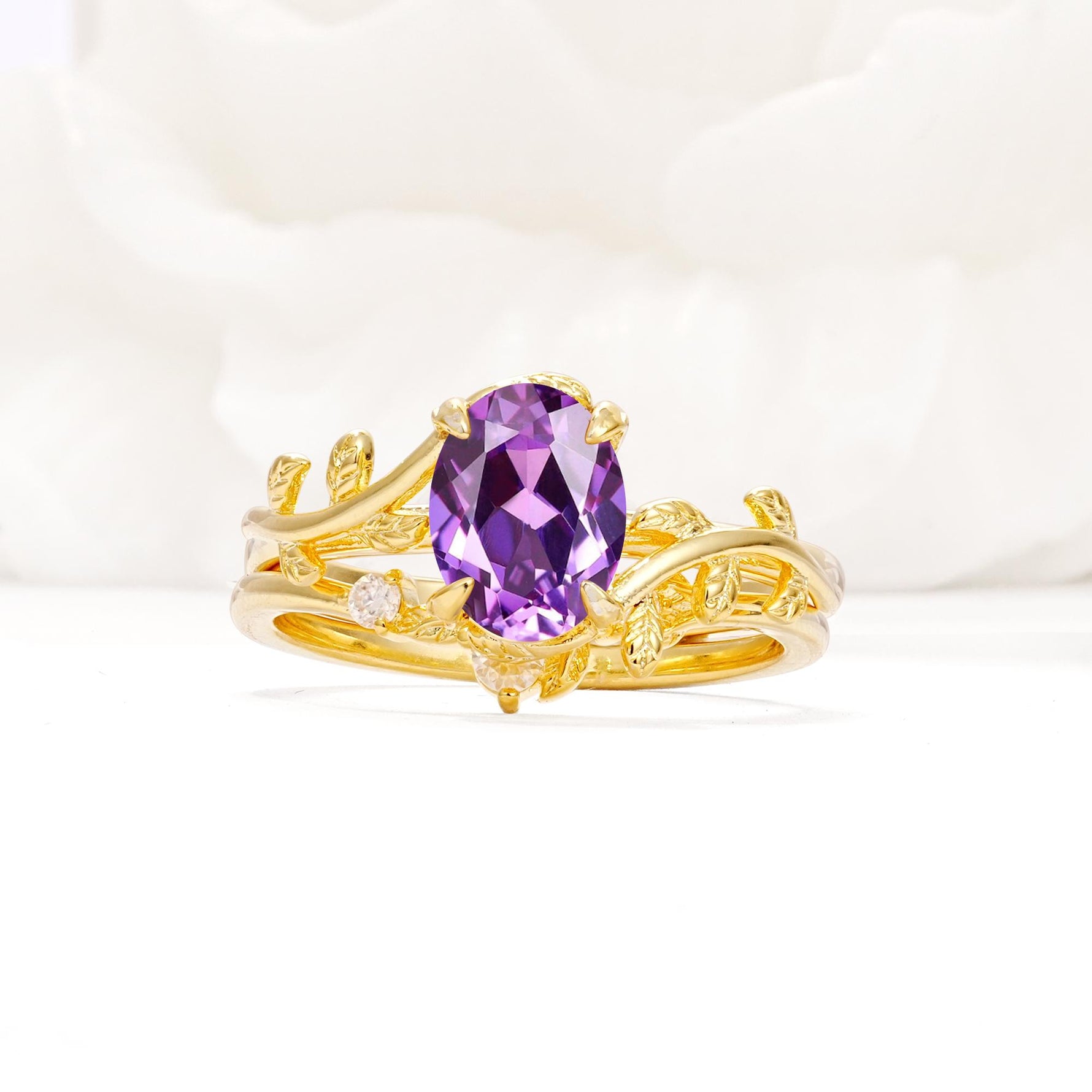 Nature-Inspired Oval Cut Amethyst Engagement Ring Set with Leaf Accents - Yellow-Gold