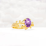 Nature-Inspired Oval Cut Amethyst Engagement Ring Set with Leaf Accents - Rose-Gold